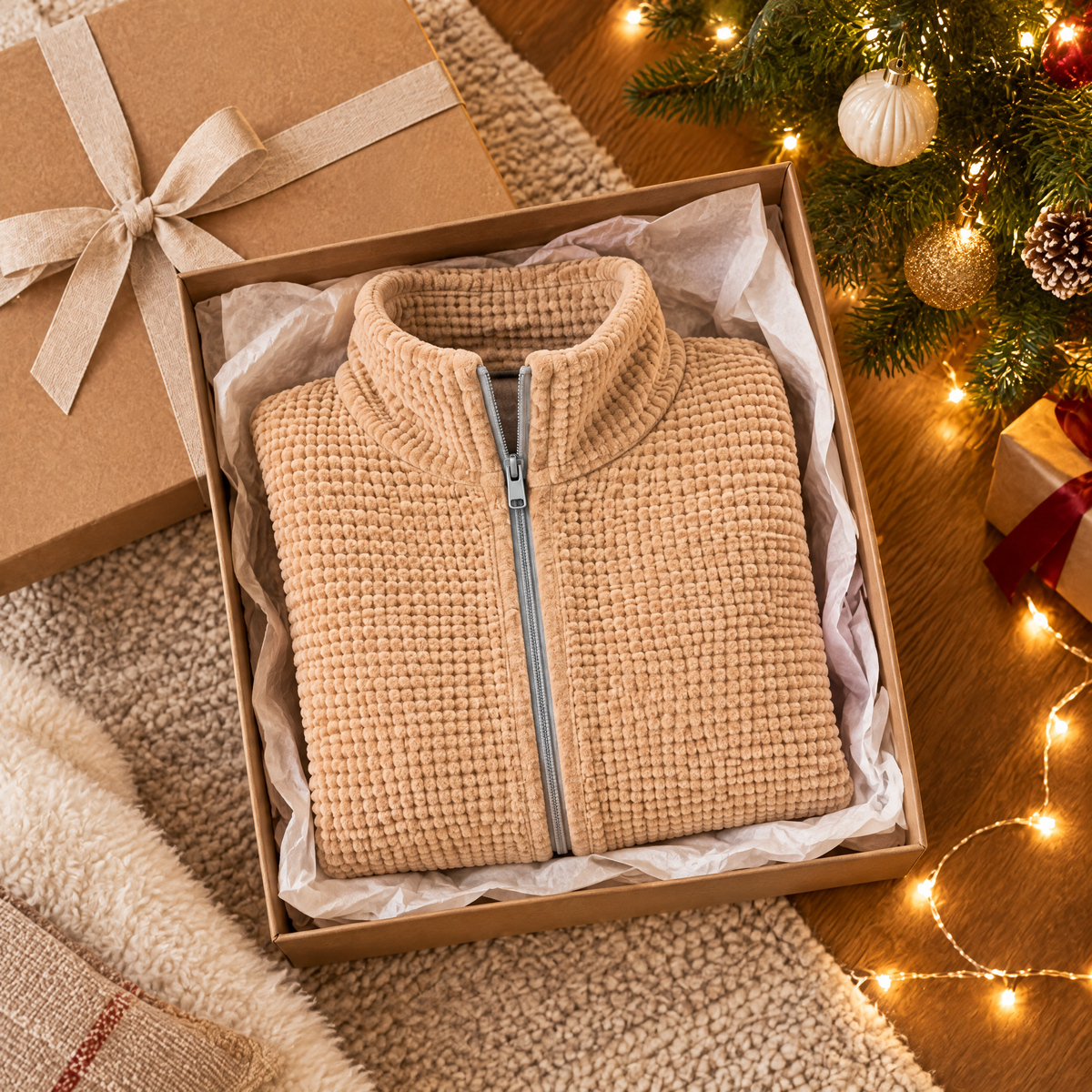 Toasty Blanki heated shawl gift-boxed beside a Christmas tree
