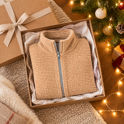 Toasty Blanki heated shawl gift-boxed beside a Christmas tree